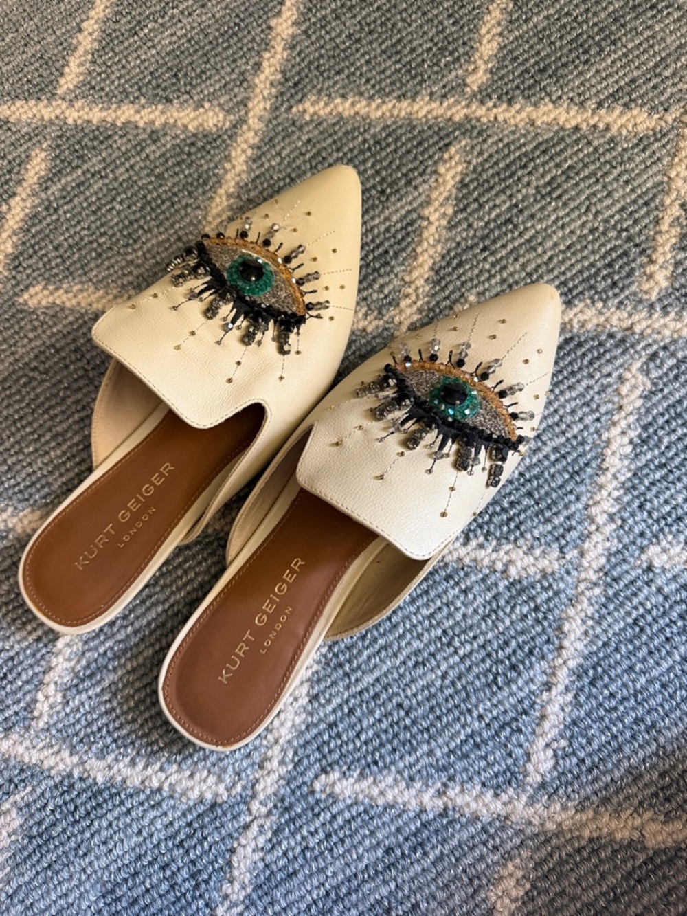 Kurt Geiger Cream Slip-On Mules with Green Beaded Eye